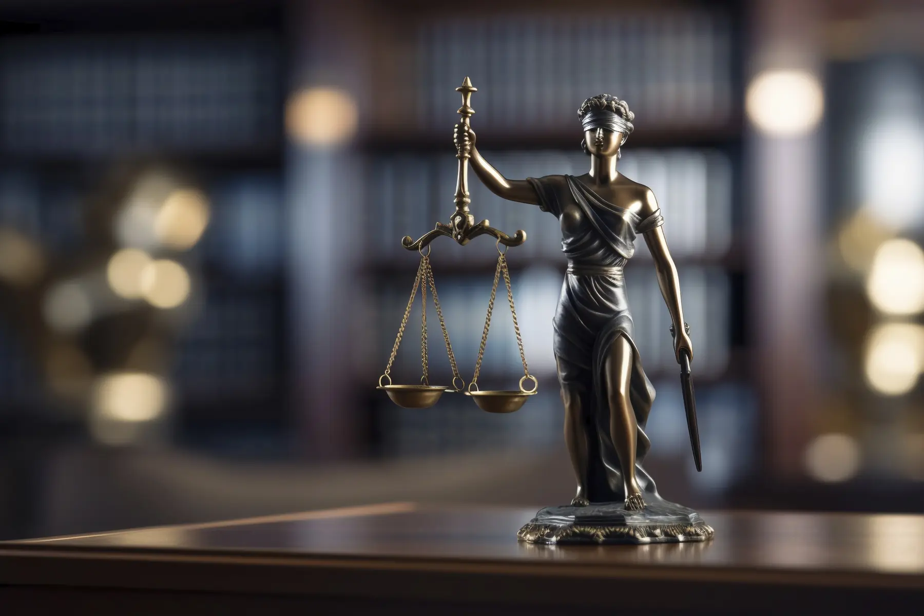 Estátua da Justiça com balança, em um escritório com livros ao fundo